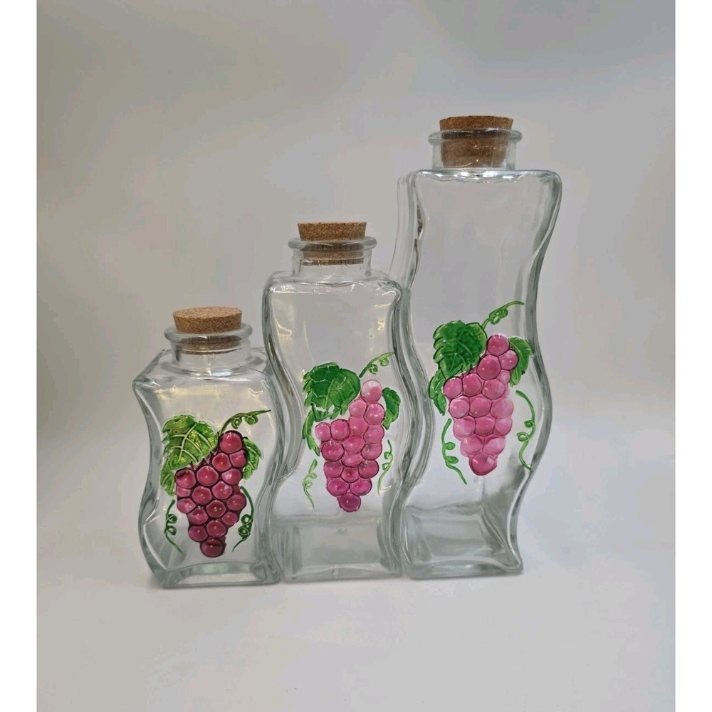 VTG Set 3 Clear Glass Grape Painted Canisters Cork Lids Kitchen Farmhouse‎ Decor